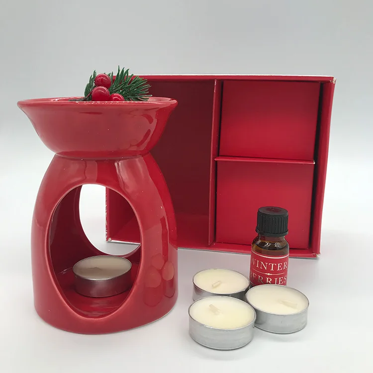 Customized Aromatherapy Red Ceramic Oil Burner Gift Set With Essential