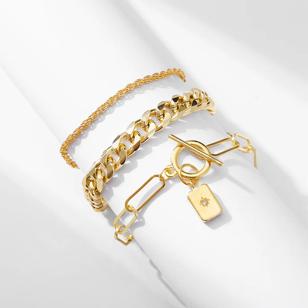 

Fashion 3 Pcs Link Chain Bracelets set OT Buckle Gold Plated Punk Bracelets for Women Jewelry, As photos