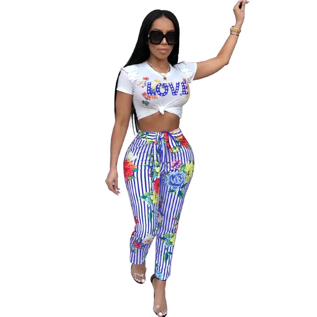 

2020 new arrival women short sleeve t shirt floral print and pants casual jogging two piece pants set