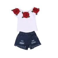 

Girl Rose Embroidered Fashion Denim Shorts Set children clothes for china