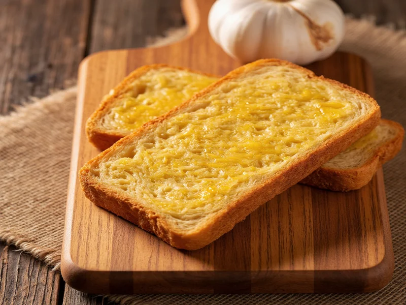 Golden brown homemade garlic toast on wooden board