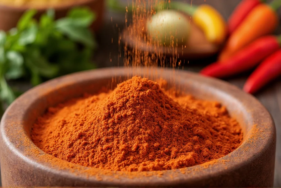 Close-up of cumin powder being sprinkled over a bowl of chili