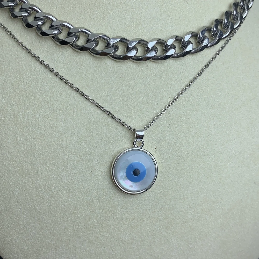 

New Classic Round Blue Evil Eye Pendant Necklace For Women 2021 Double Layer Stainless Steel Choker Women's Jewelry