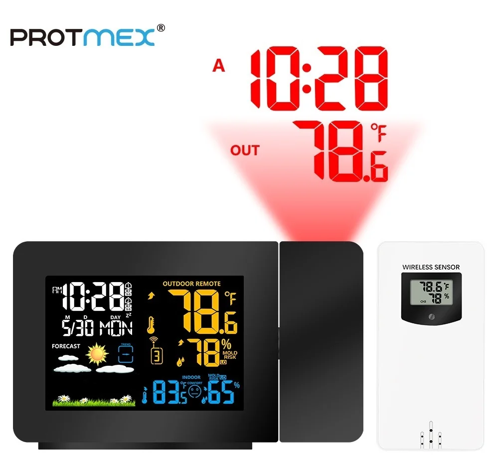 
Projection Alarm Clock With Weather Station Forecast PT3391 Weather Clock display Indoor Outdoor temperature Humidity 