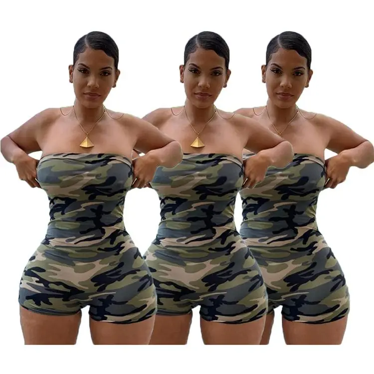 

0040108 Wholesale Custom Summer 2020 Ladies Strapless Bodycon Jump Suit Basic Camo Women One Piece Short Jumpsuits And Rompers