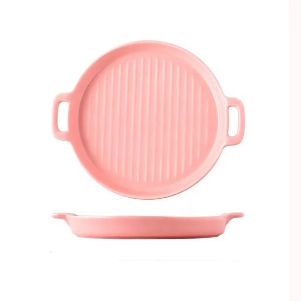 

2020 New Design Double Ear Matte Ceramic Round Plate Western Steak Plate