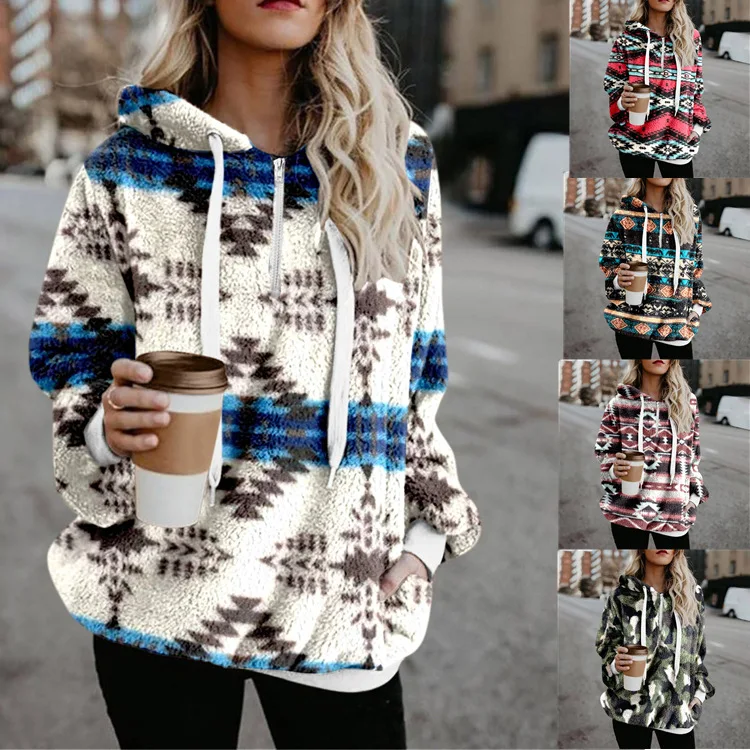 

Wholesale Price Customized Designs Newest Tops Fall/Winter National Style Printed Aztec Hoodie Velvet Sweater for Women