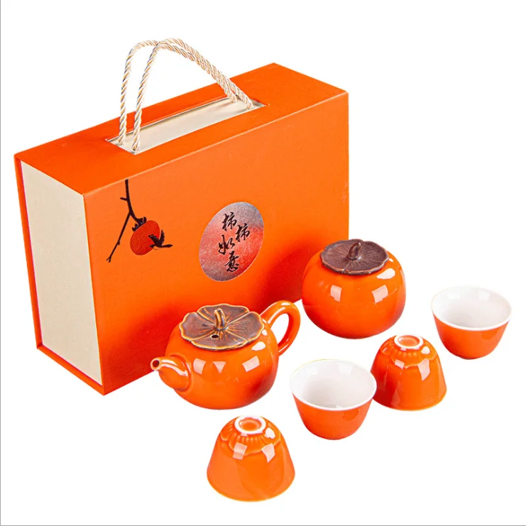 

2021 New Arrived Creative Tea Pot Tea Set Gift Box Persimmon Kung-fu Ceramic Customized Log Coffee & Tea Sets 12 Sets All-season, Orange