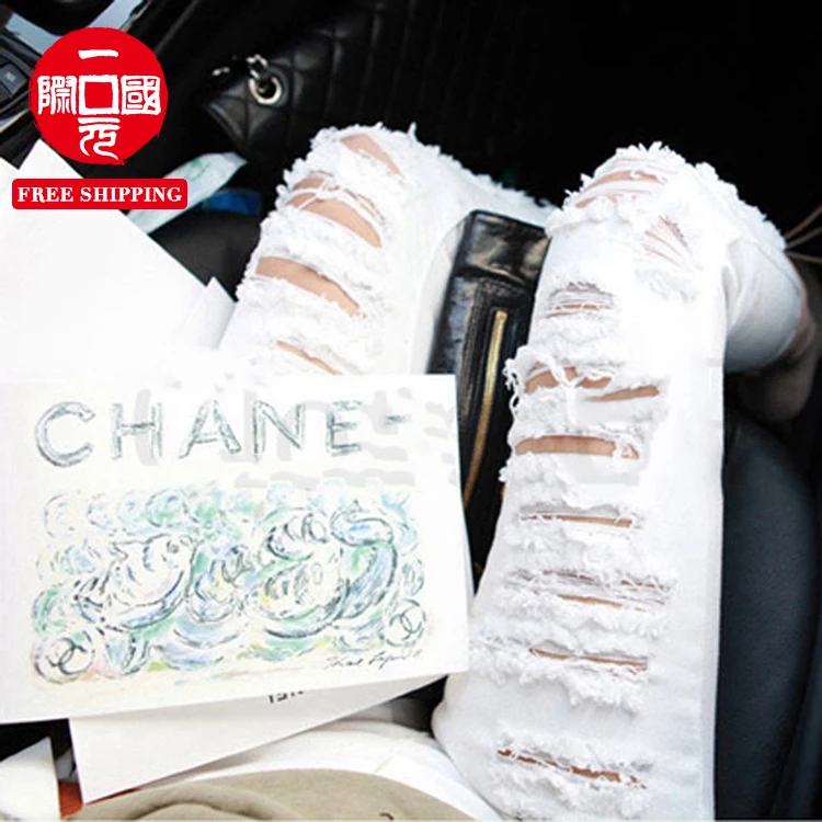 

2021 spring Korean version of ripped womens jeans show thin stretch pants