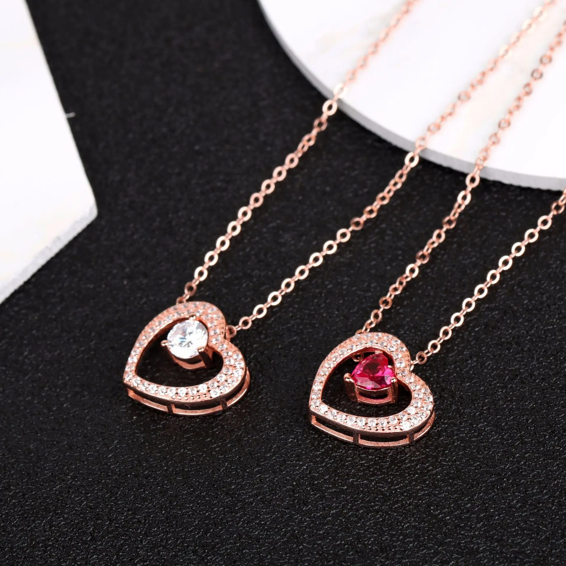

Valentine Jewelry 925 Sterling Silver Rose Gold Red Diamond Crystal Heart Pendant Necklace Hollow Zirconia Heart Necklace