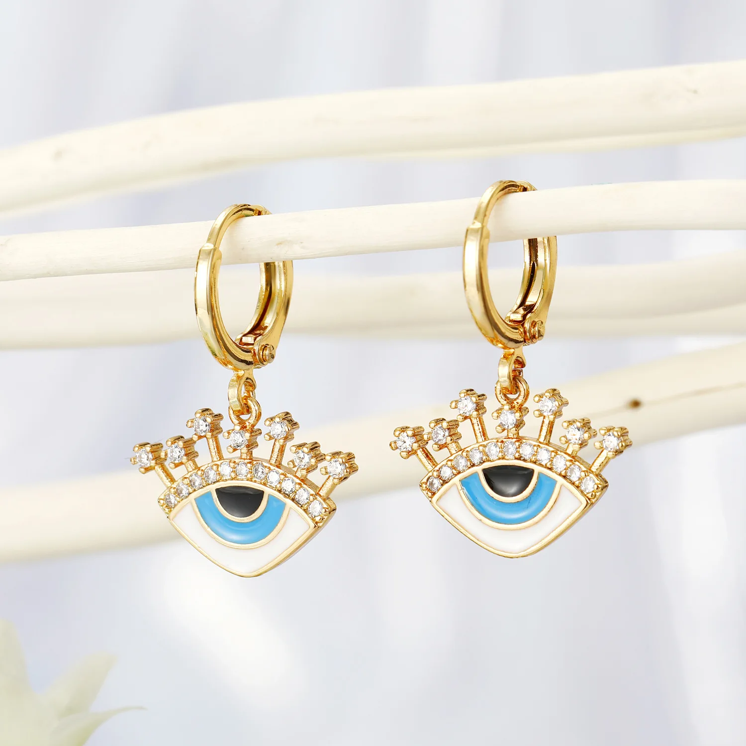 

Micro Inlaid Cubic Zircon Eye Huggie Earrings for Women Gold Silver Plated Enamel Turkish Blue Eyes Drop Earrings