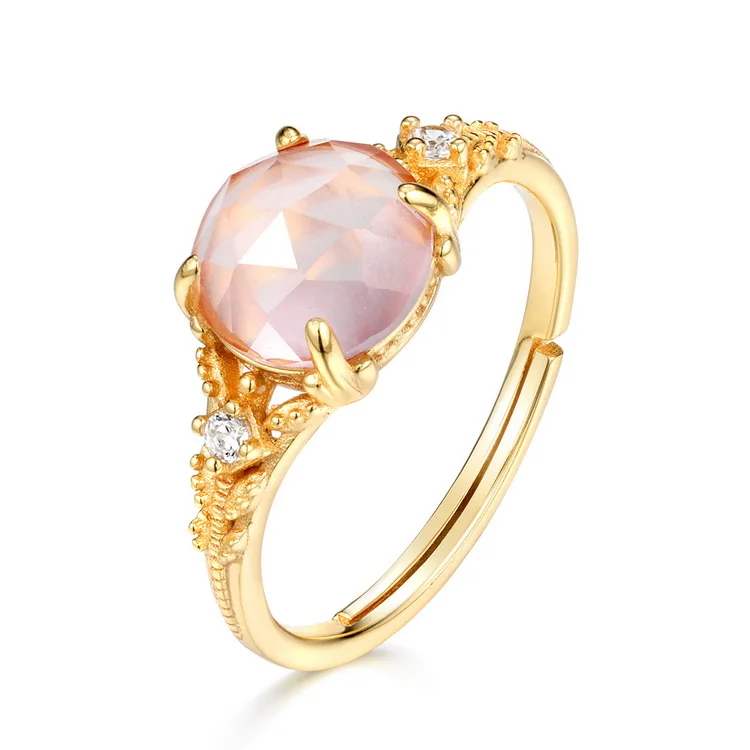 

Real gold plated S925 silver band irregular engagement natural Powder crystal quartz stone ring