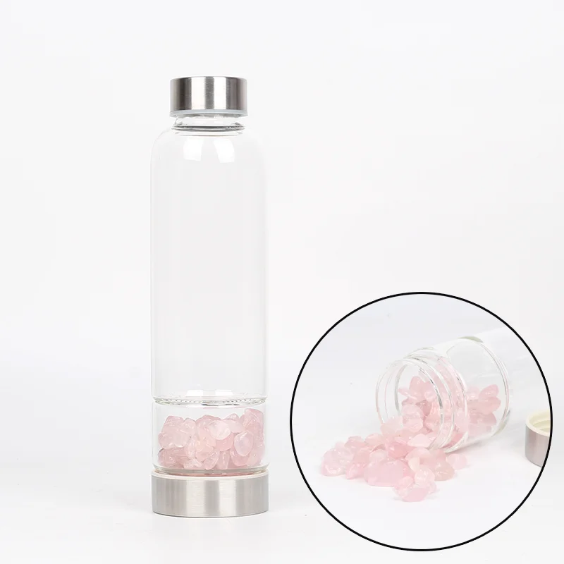 

Whosale Natural Rose Gravel stone Rose Quartz Infused Gemstone crystal Points holy Borosilicate Glass Water Bottle
