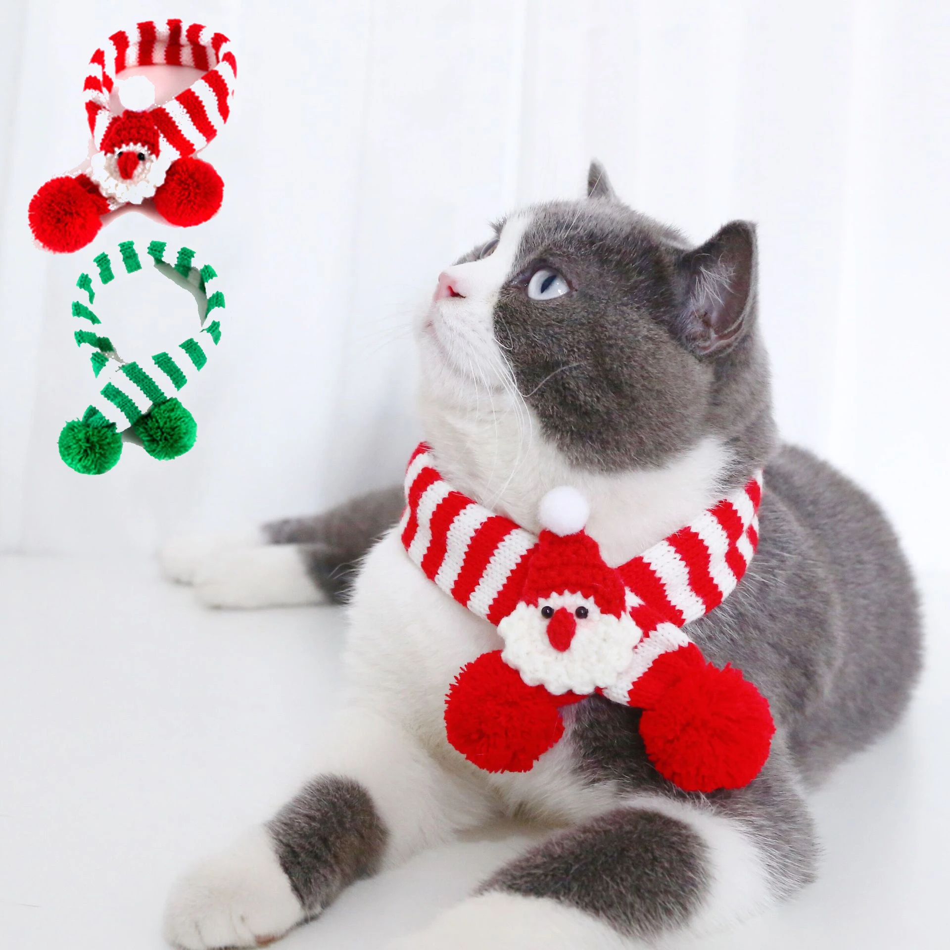 

Amazon New Cat Scarf Pet Knitted Wool Striped Christmas Bib Adjustable Christmas Cat Collar small dog, Like picture