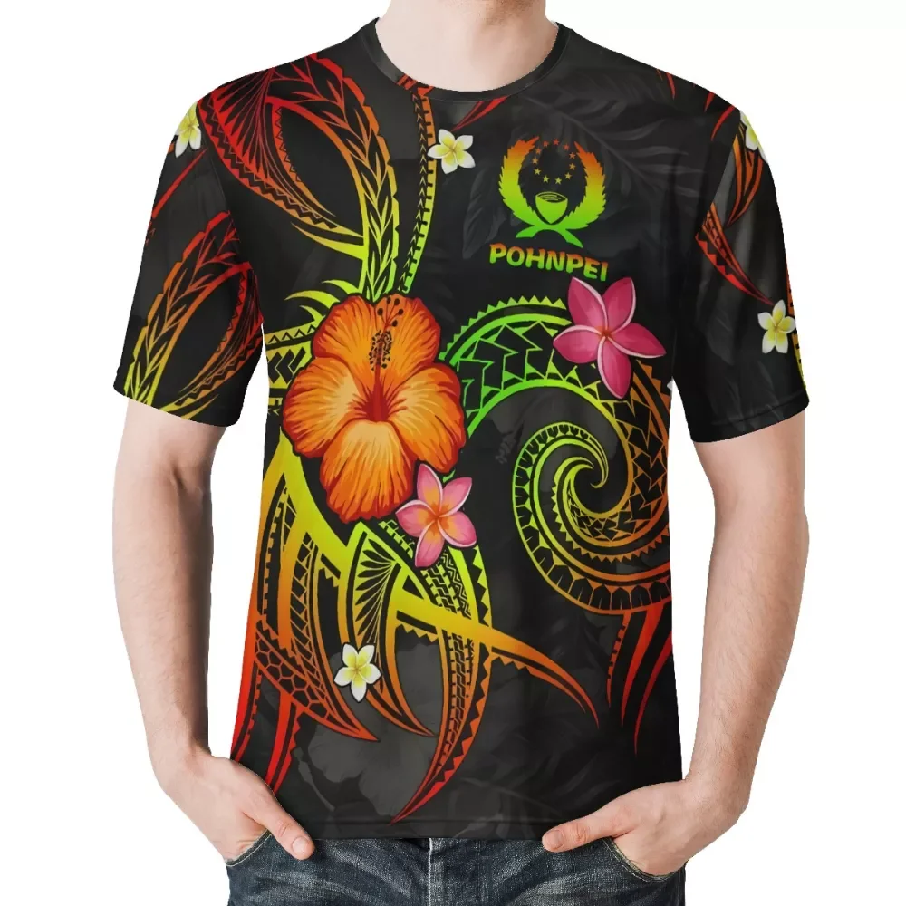 

Personality Pohnpei logo Round neck T Shirt Polynesian tribal hibiscus HD print super cozy men Shirt Short Sleeve low price