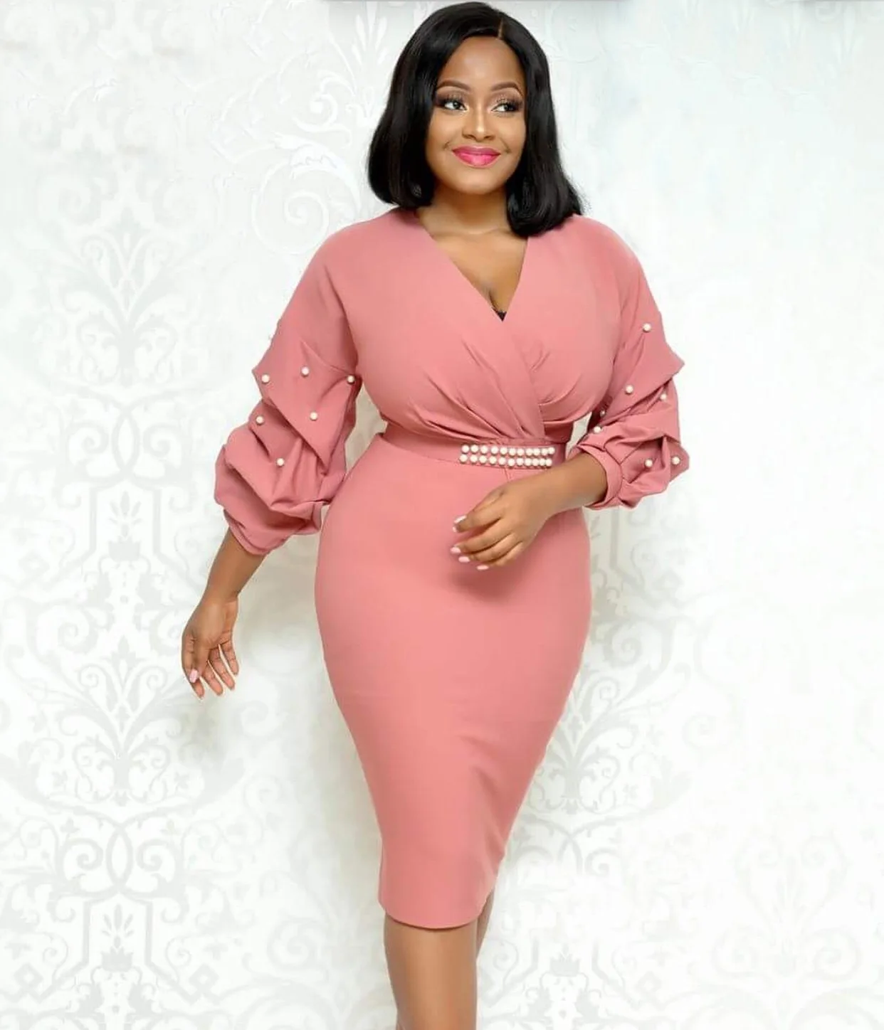 

elegant summer plus size sexy lady girl v-neck long sleeve casual clothing dresses for fat women, Picture color