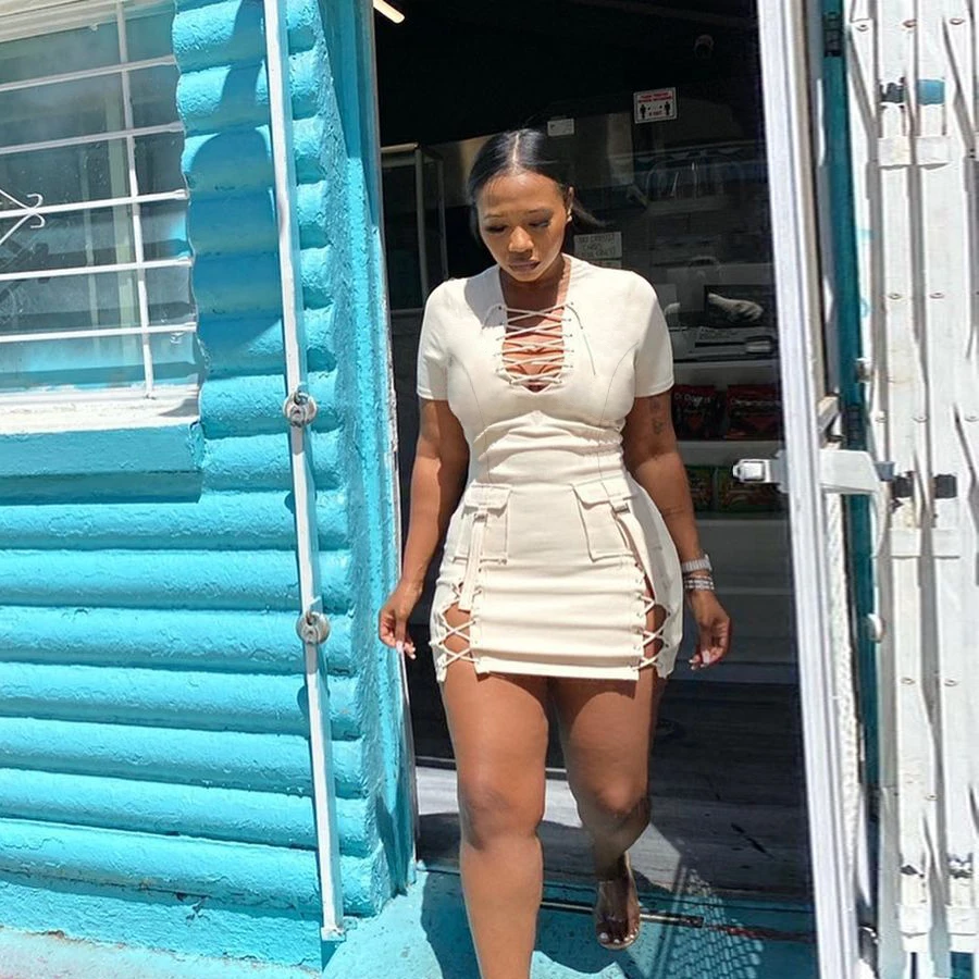 

Nibber K21D03167 Wholesale Stylish Short Sleeve Solid Color Lace-up Streetwear Casual Sexy Female Mini Dress Women Summer Dress, White