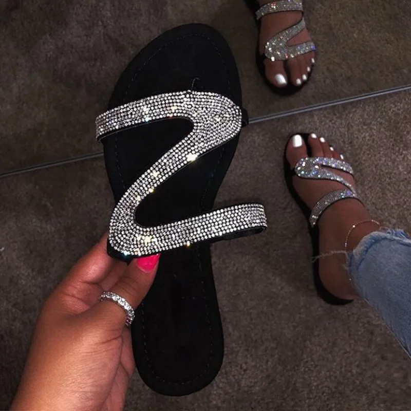 

2020 New Fashion Bling Ladies Slippers S Shaped Flat Slide Sandal Simple Sexy Women Sandals Diamond Slipper