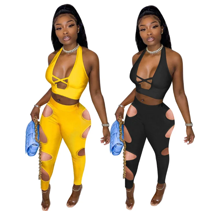 

Summer Women 2 Piece Outfits Femme Trousers V Neck Halter Crop Top High Waist Hollow Out Two Piece Pants Set, As show