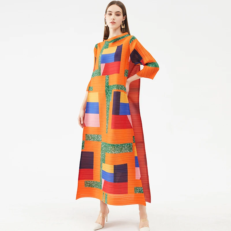 

In stock fast delivery 2021 summer fashion best-selling Miyake pleated skirt loose casual large-size long-sleeved print skirt