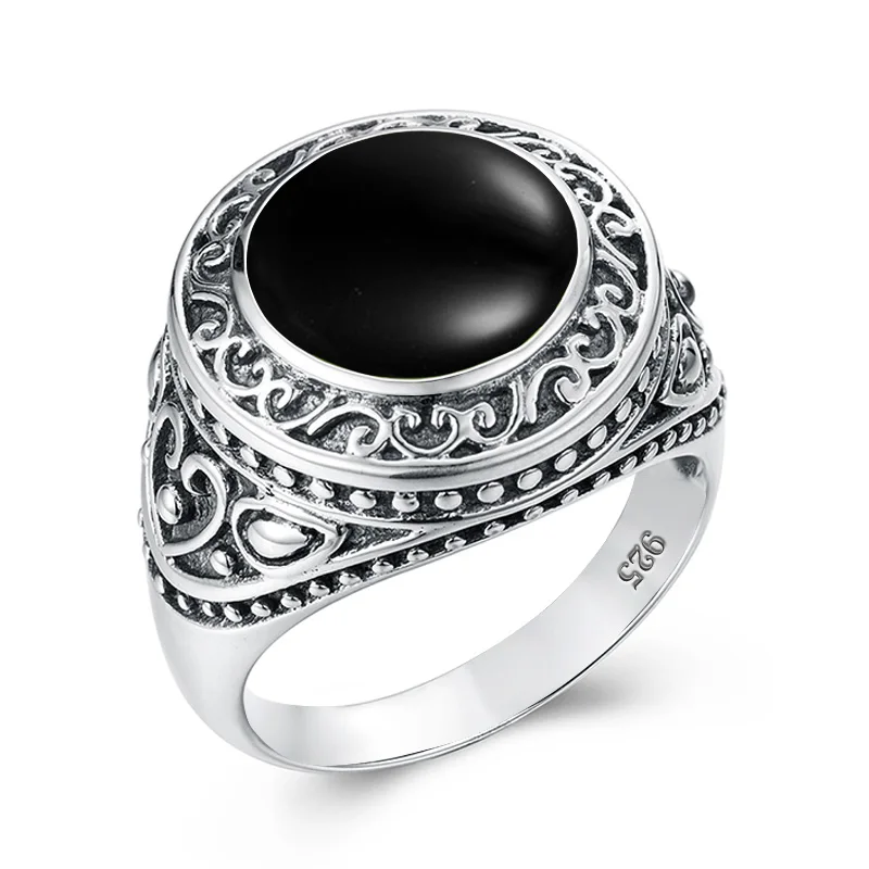 

Art Nouveau Vintage Custom Engraving bagues hommes party Big Gemstone Black Onyx Ring Silver 925 Men's Jewelry