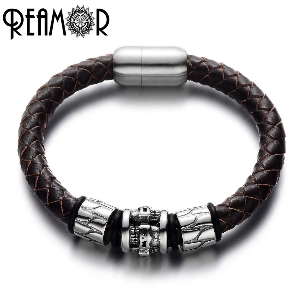 

REAMOR Men Stainless Steel Bracelets with 8mm Genuine Leather and Magnetic Clasp/Closure Skull Beads Charm for Men Jewelry