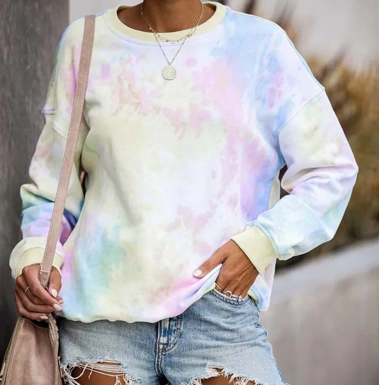 

2021 Fashion Custom Logo Tie Dye Hoodie Women Long Sleeve Top Pastel Tie Dye Sweatshirt For Women