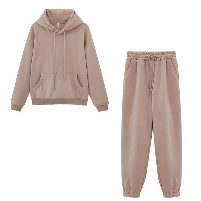 

Street sports casual suit solid color fleece hooded sweater elastic waist sweatpants two-piece set