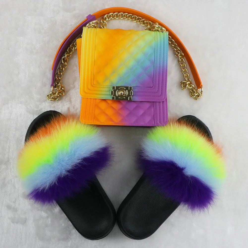 

Hot sale fashion girls jelly PVC purse set faux fox plush fur slipper and bag set women matching slippers and bag set, Customized color