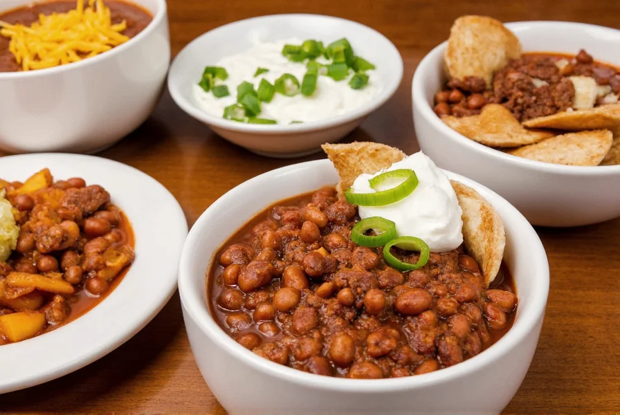 Beef bean chili served in white bowls with various toppings including cheese, sour cream, and green onions on a wooden table