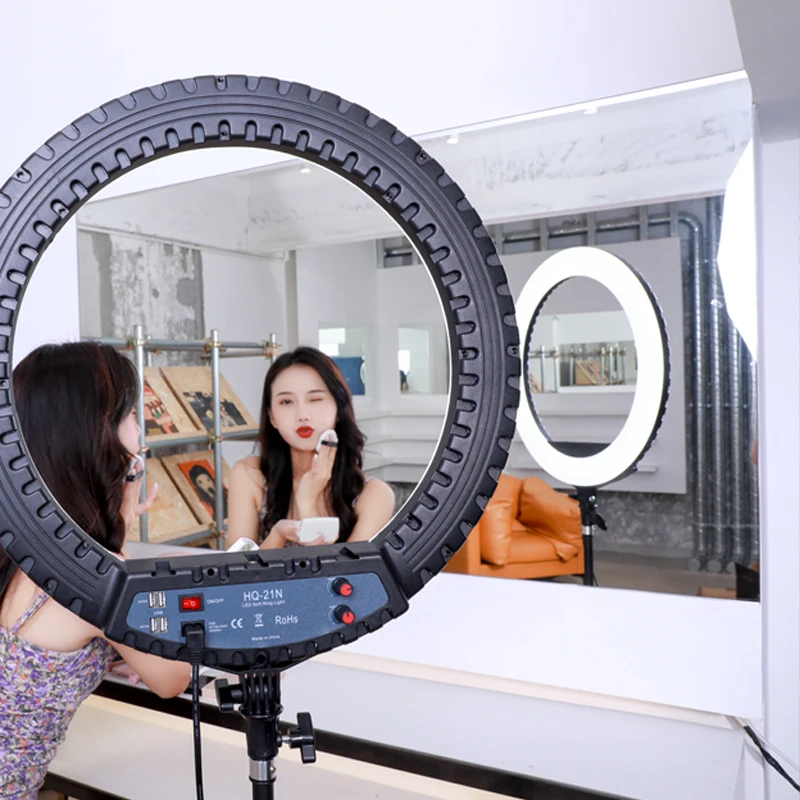 

Dimmable 21inch LED fill ring light with 4 USB port phone charging tripod