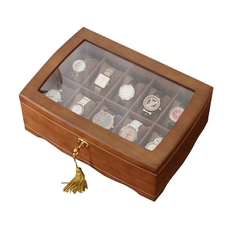 

luxury custom logo 10 slot Pine and flocking jewelry storage wooden watch box, Brown