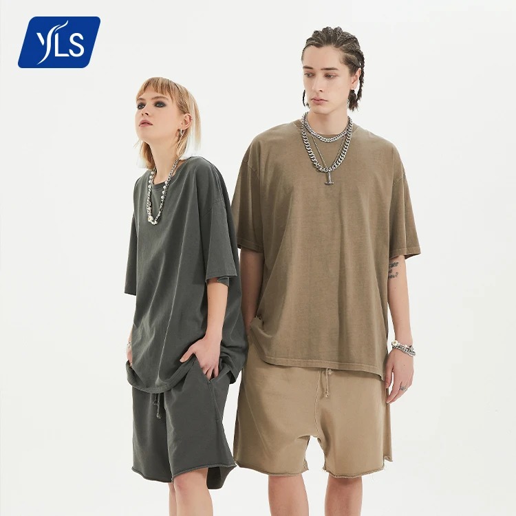 

YLS 2021 New 200Gsm Vintage Wash Oversize Short-Sleeved Plaid T-Shirt Custom Logo Blank 100% Cotton Unisex T Shirts