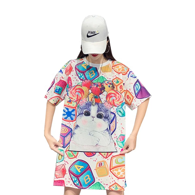 

kawaii women sleepwear pajama cute cat print loose oversiz tshirt Casual home style short sleeve dresses for girls