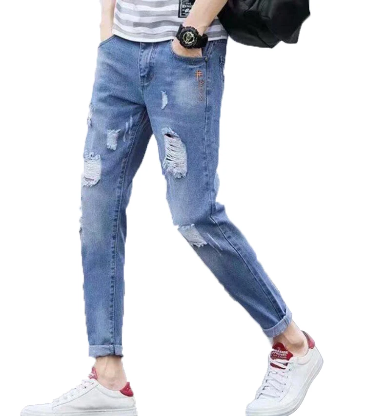 

Ripped jeans men's trend pants plus size slim fit pants nine-point jeans