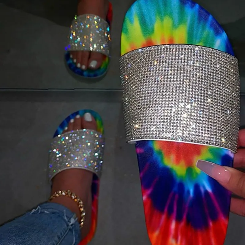 

Summer Ladies Slippers Bright Rhinestone Women Flat Sandals Bling Diamond Slides