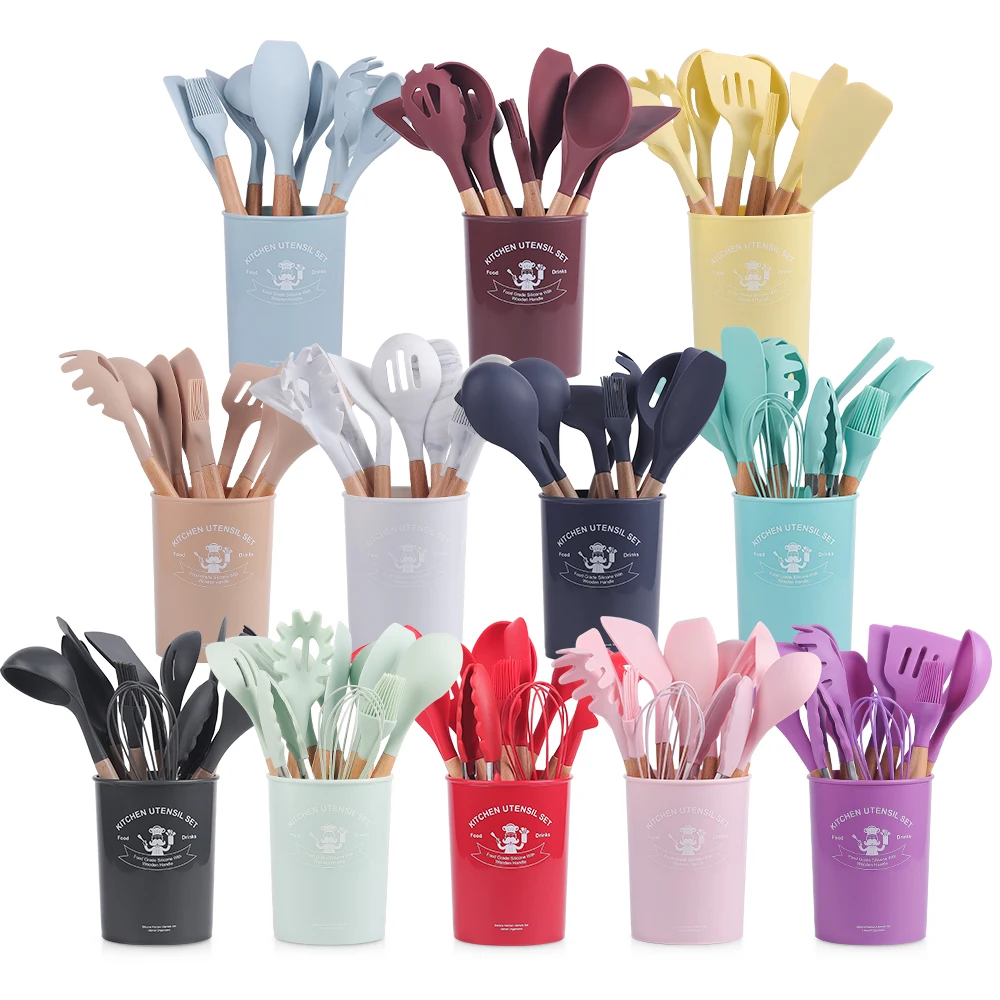

JTX029 Wooden Handle Spatula Soup Spoon Brush Ladle Pasta Colander Non-stick Cooking Tools Set Silicone Cooking Utensil Set, 12 colors