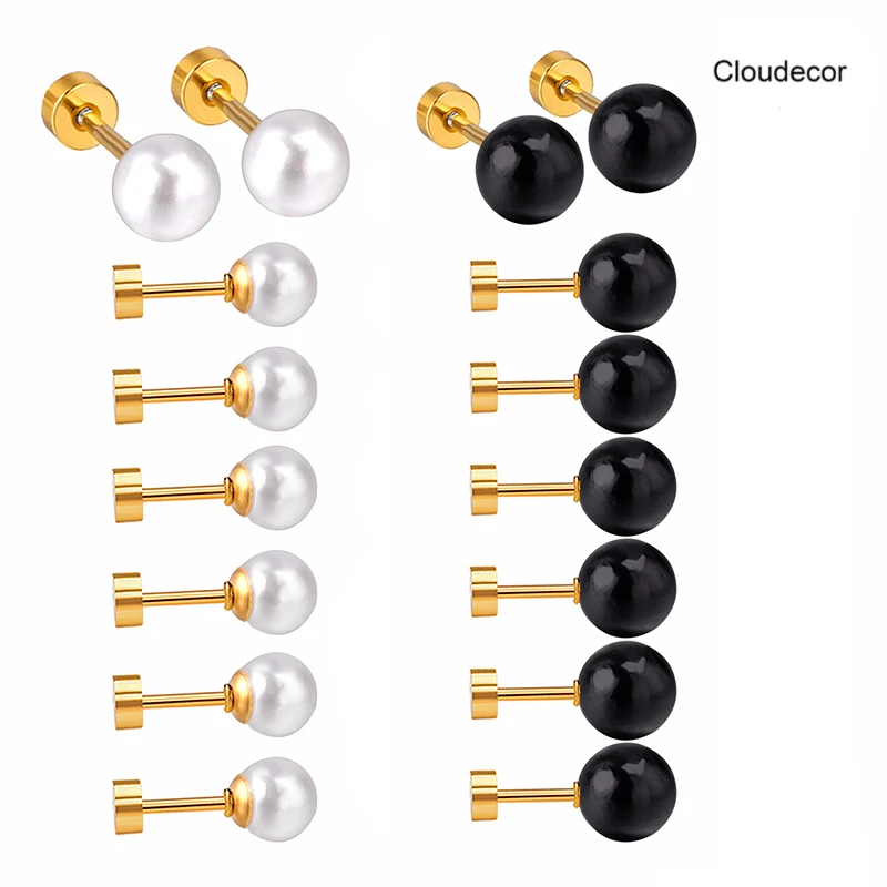 

Korean Bridal Pearl Earring Women Stainless Steel Gold Simple Black Pearl Stud Earring Baby Screw Back Earrings Studs For Women