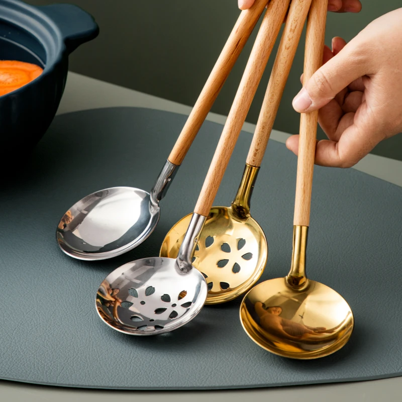 

New Arrival Kitchen Hollow Out Ladle Soup Skimmer Spoon Capacity Wooden Handle Stainless Steel Soup Ladle, Silver / gold