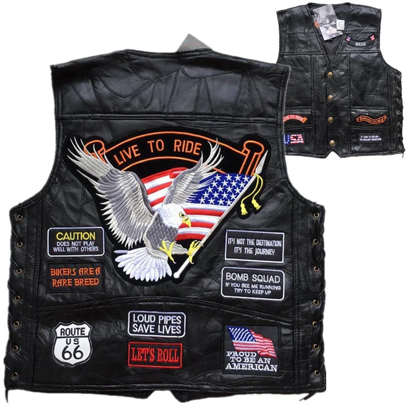 2019 Summer Sleeveless Leather Motorcycle Waistcoat Men Good Quality Embroidery US Flag Eagle Motorbike biker Leather Vest