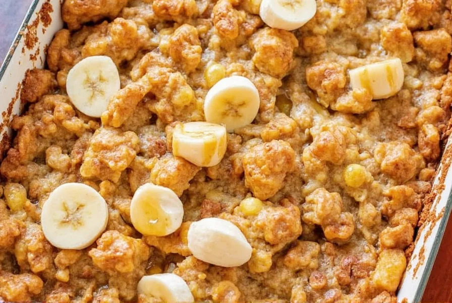 Baked French toast casserole with golden Cinnamon Toast Crunch crust, sliced bananas, and maple syrup drizzle
