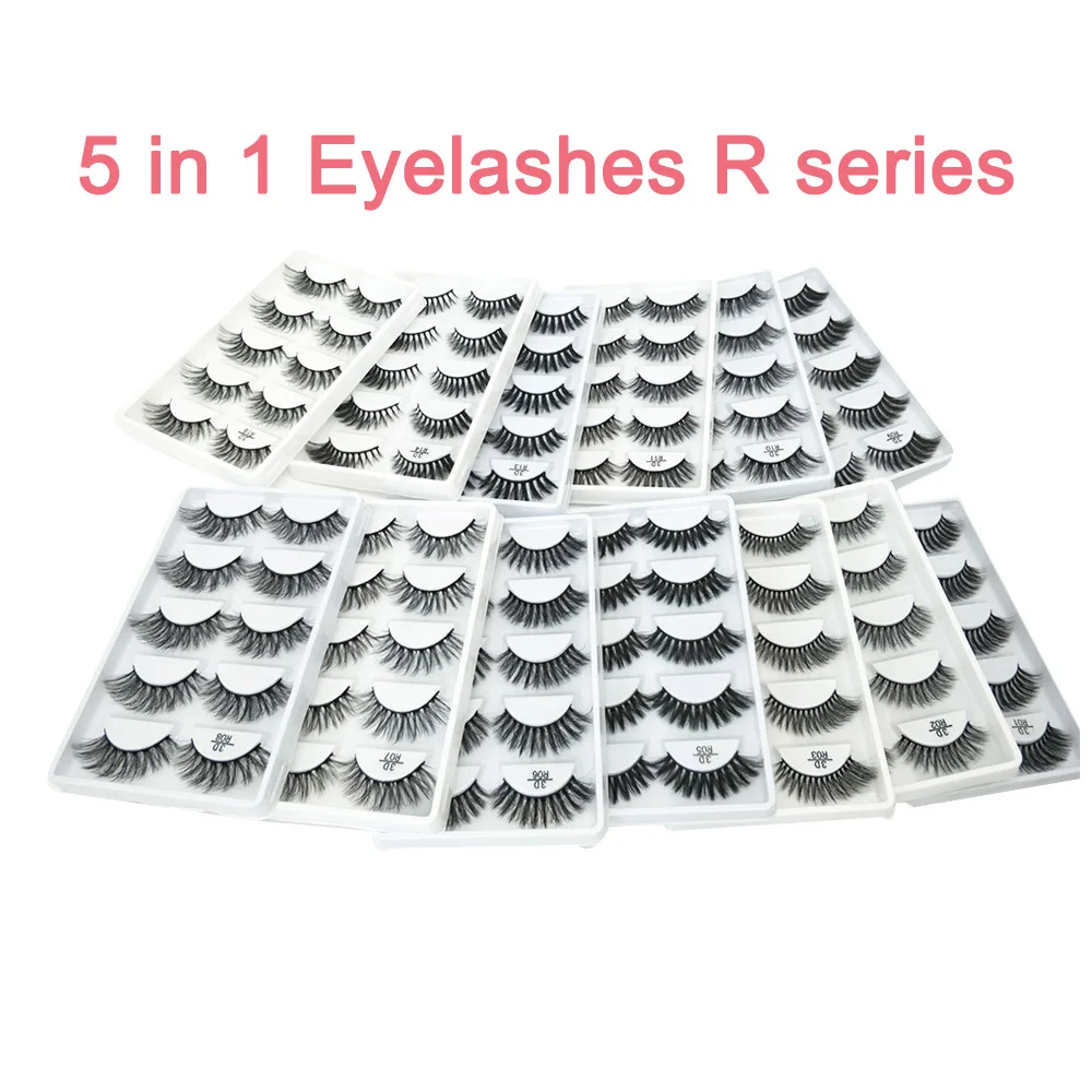 

wholesale free sample R series 16styles natural thick 3D false eyelashes 5 pair private label silk lashes packaging box