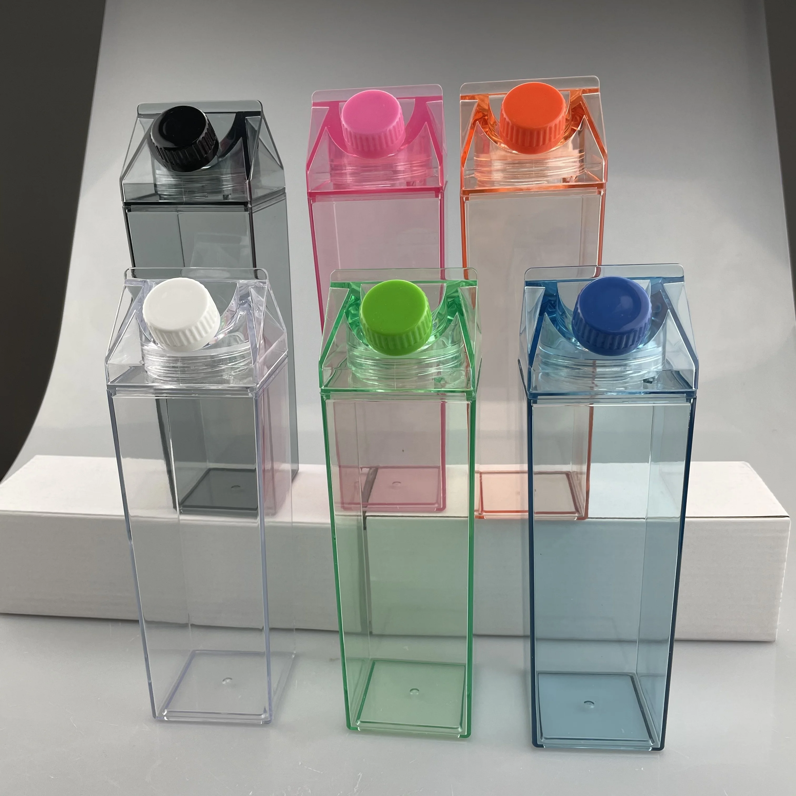 

500ml 17oz Plastic Transparent Square Acrylic Clear Milk Carton Box Shape Water Bottle with Sponge Cleaning Brush, Stock color or customized