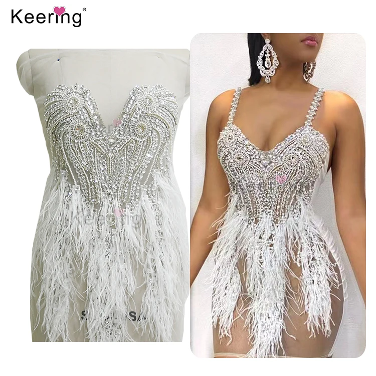 

WDP-309 70*55cm White color bridal lace ostrich feather sewing rhinestone applique, Silver/clear+white feather