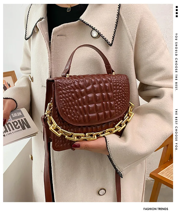 

2022 new fashion trend ladies chain creasing crocodile pattern handbag, White, black, brown, blue, orange