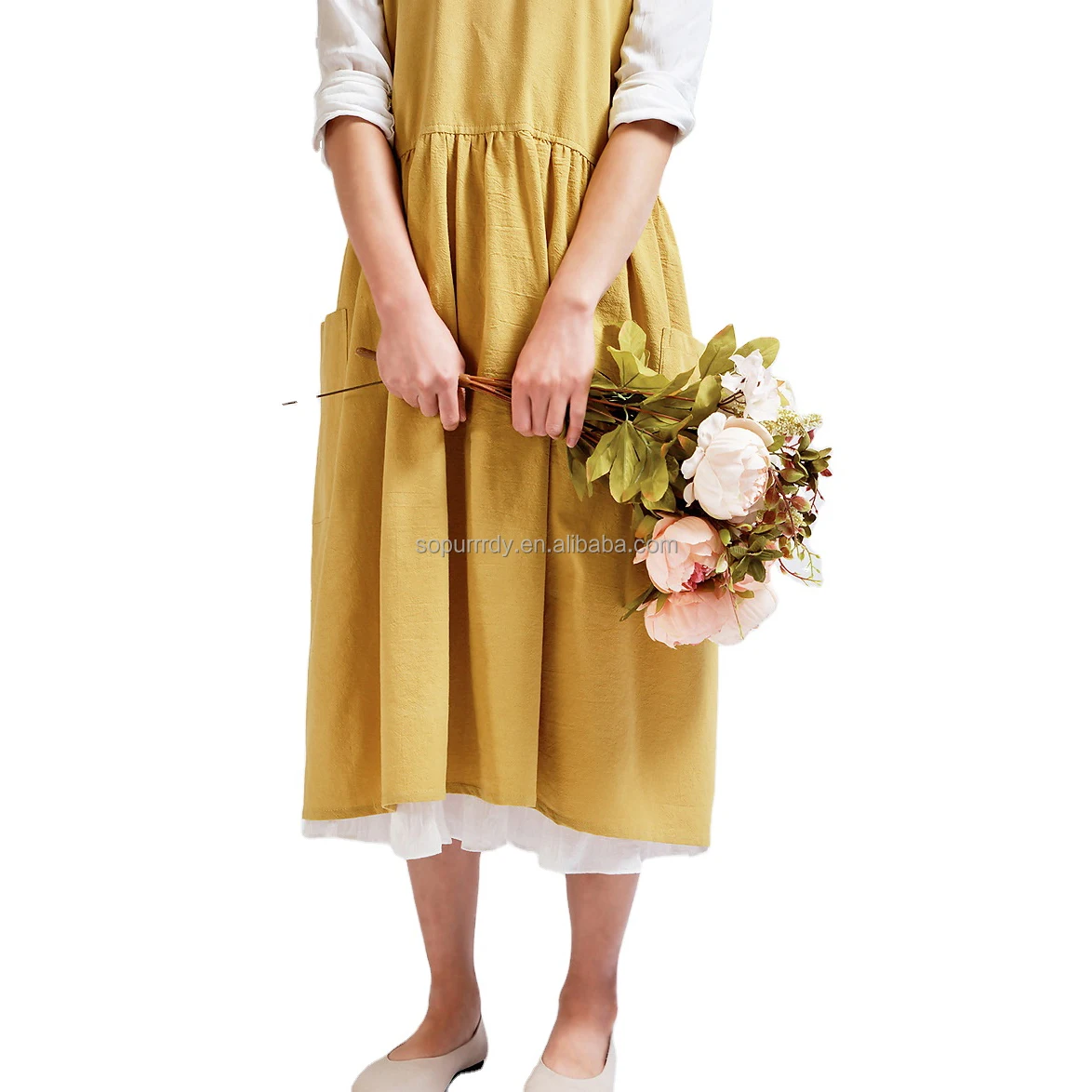 

Wholesale Custom Logo Korean Japanese Yellow Cotton Linen Round Collar Art Advertising Florist Dress Kitchen Aprons, Multi colors