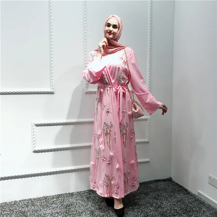 

New arrival fashion 3D flower design soft crept open abaya islamic clothing, Black,blue,pink