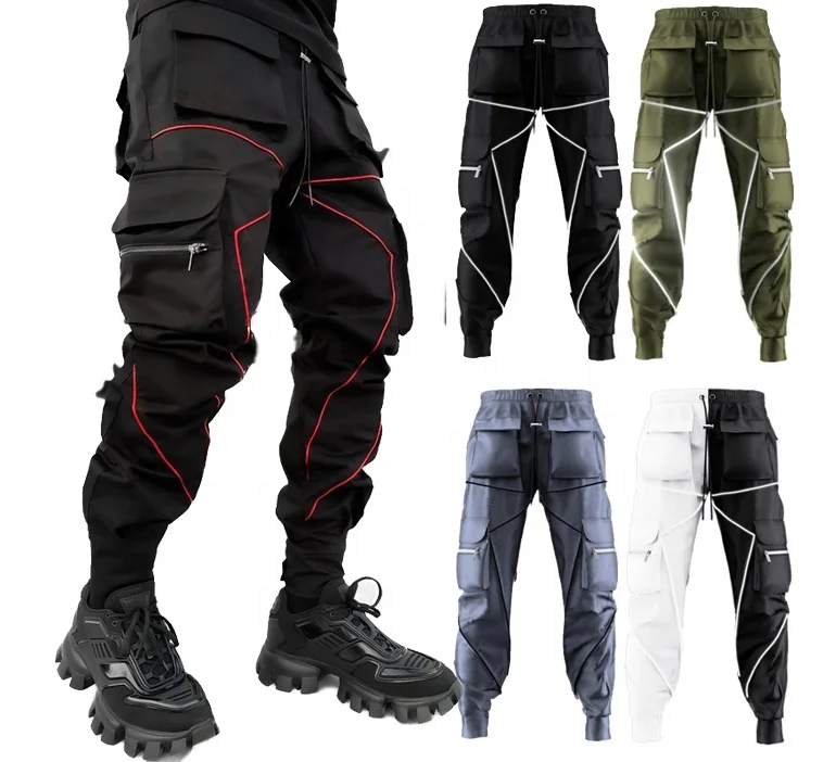 

QC Plus size men's hip hop trousers tactical cargo track pant black reflective cargo pants with pockets