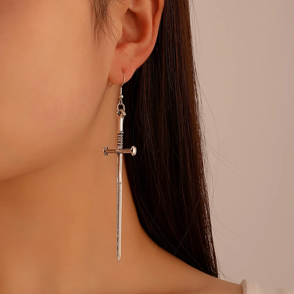 Trendy Punk Style Long Sword Drop Earrings Cross Long Sword Hook Earrings Goth Silver Dangle Drop Earrings for Women Men