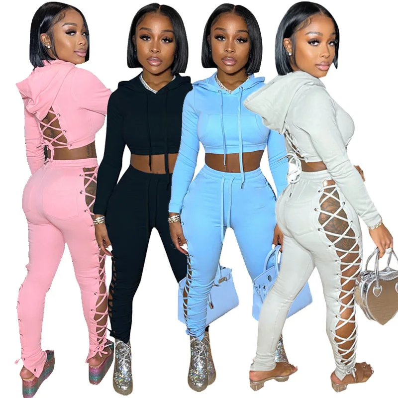 

2021 Wholesale Fall Clothing Woman Bandage Hoodie Two Piece Pants Set Sexy 2 Piece Jogger Suit Tracksuit Women Sets